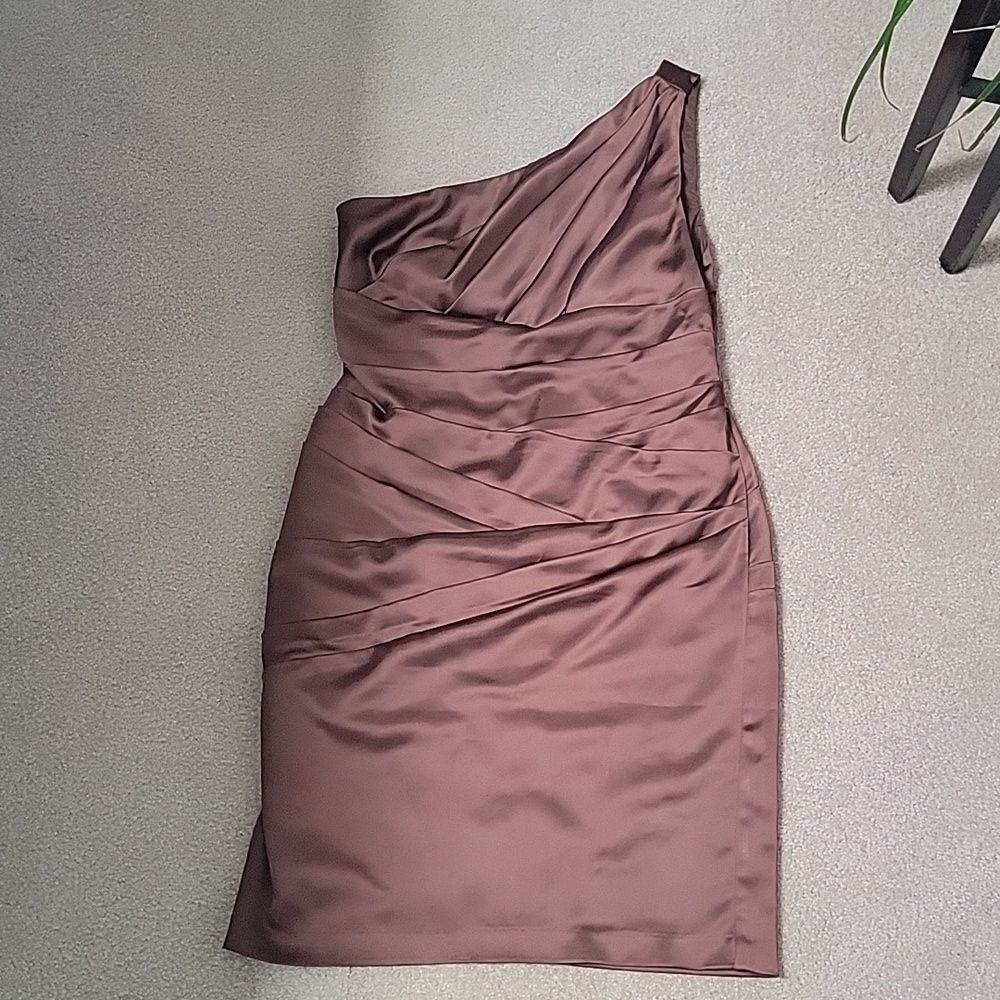 David's Bridal chocolate brown satin one shoulder dress